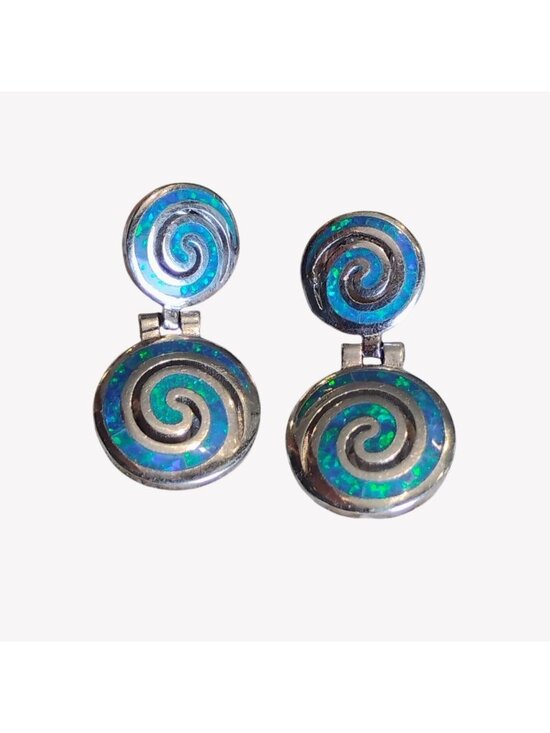 Unbranded Jewelry - Greek Sterling Silver Blue Opal Double Swirl Meandros Dangle Earrings